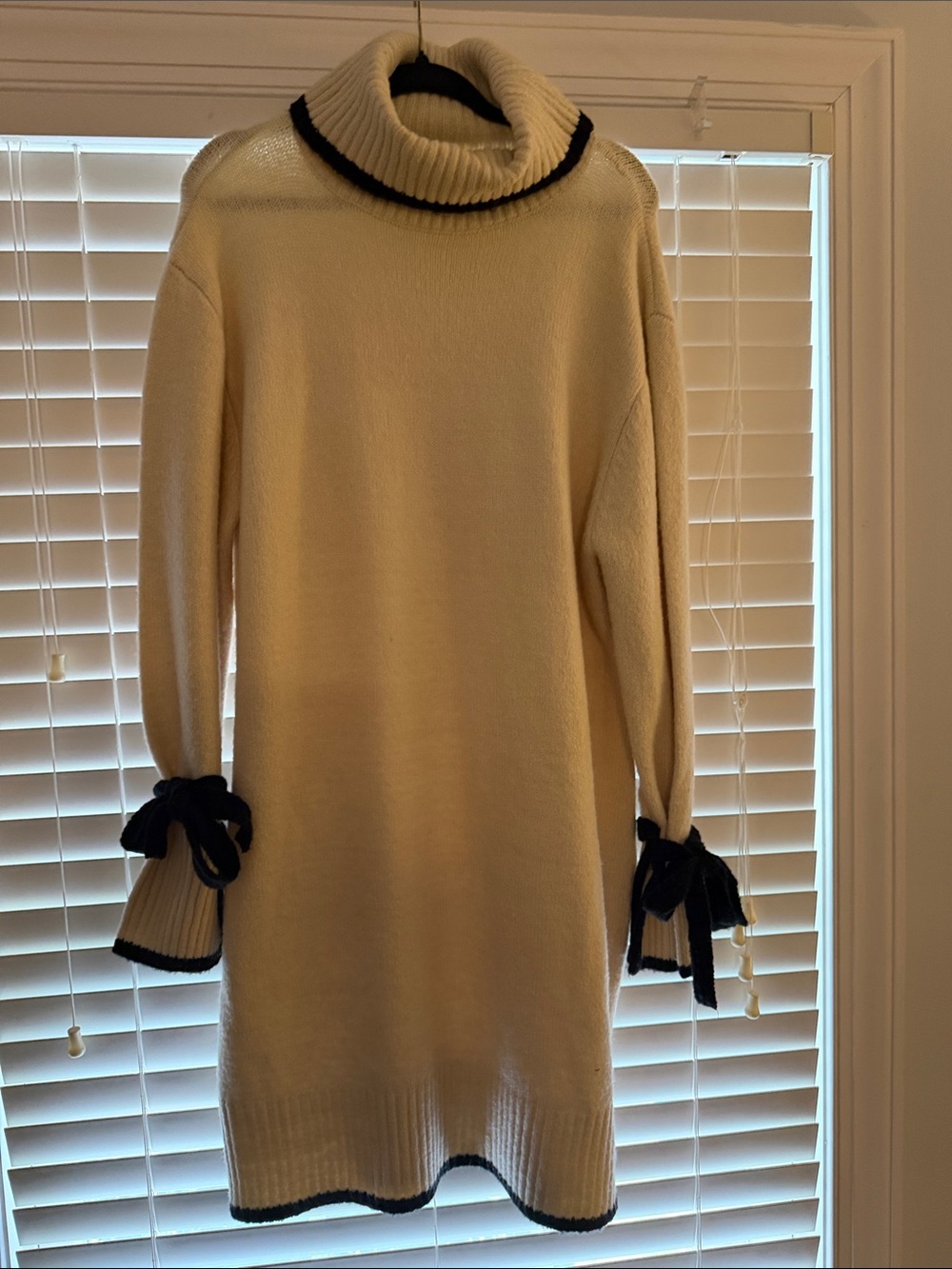 J. Crew Cream Turtleneck Sweater Dress with Black Trim and Bow Cuffs